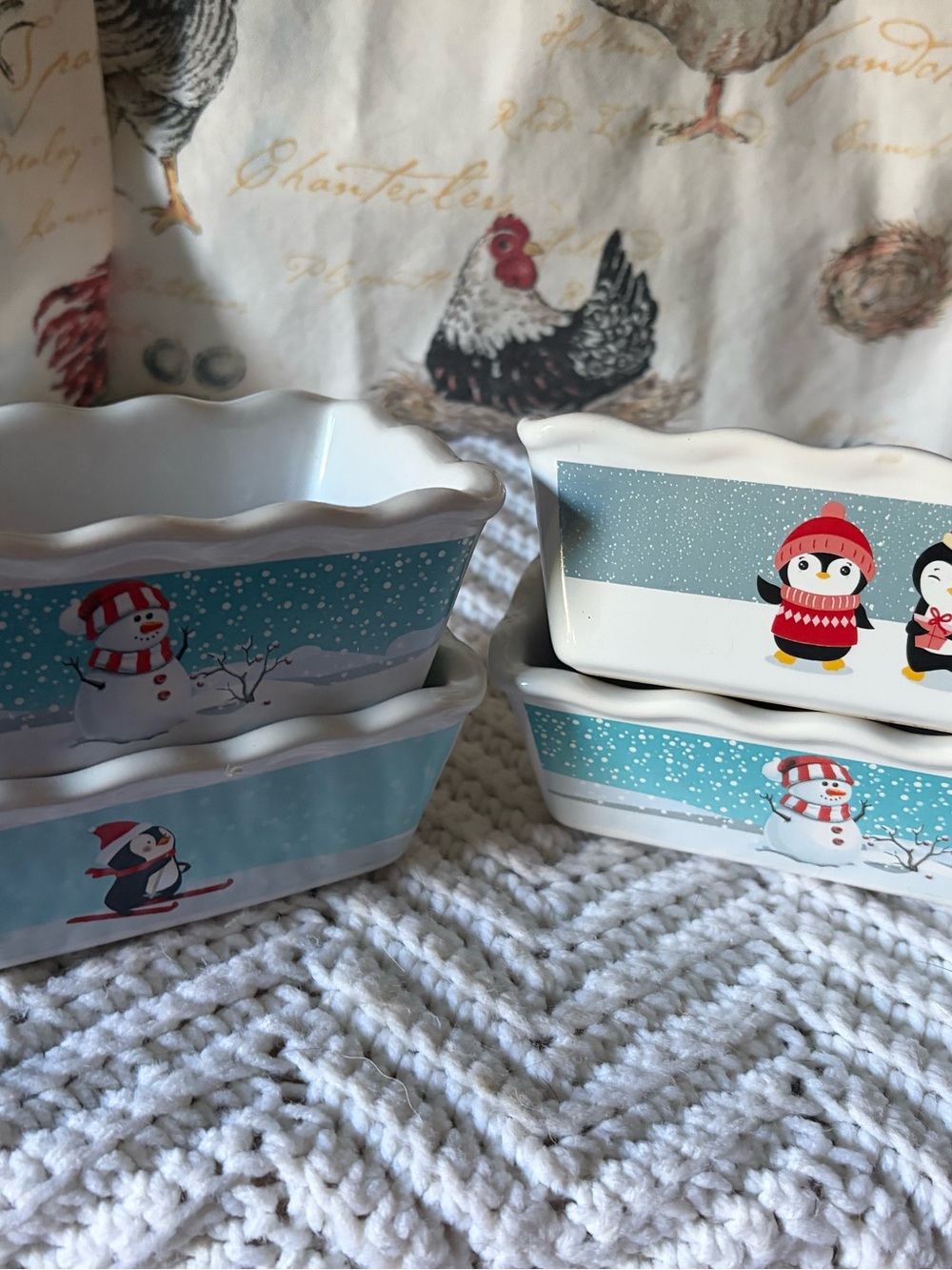 Festive Snowman & Penguin Ceramic Baking Dishes - Blue